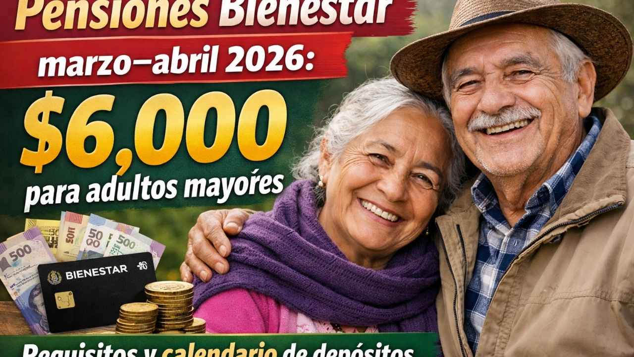 Pensiones Bienestar marzo–abril 2026: $6,000 para adultos mayores, requisitos y calendario de depósitos
